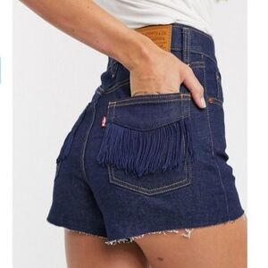 Levi's Women's Ribcage No Man’s Land Blue Fringe Denim Cutoff Shorts